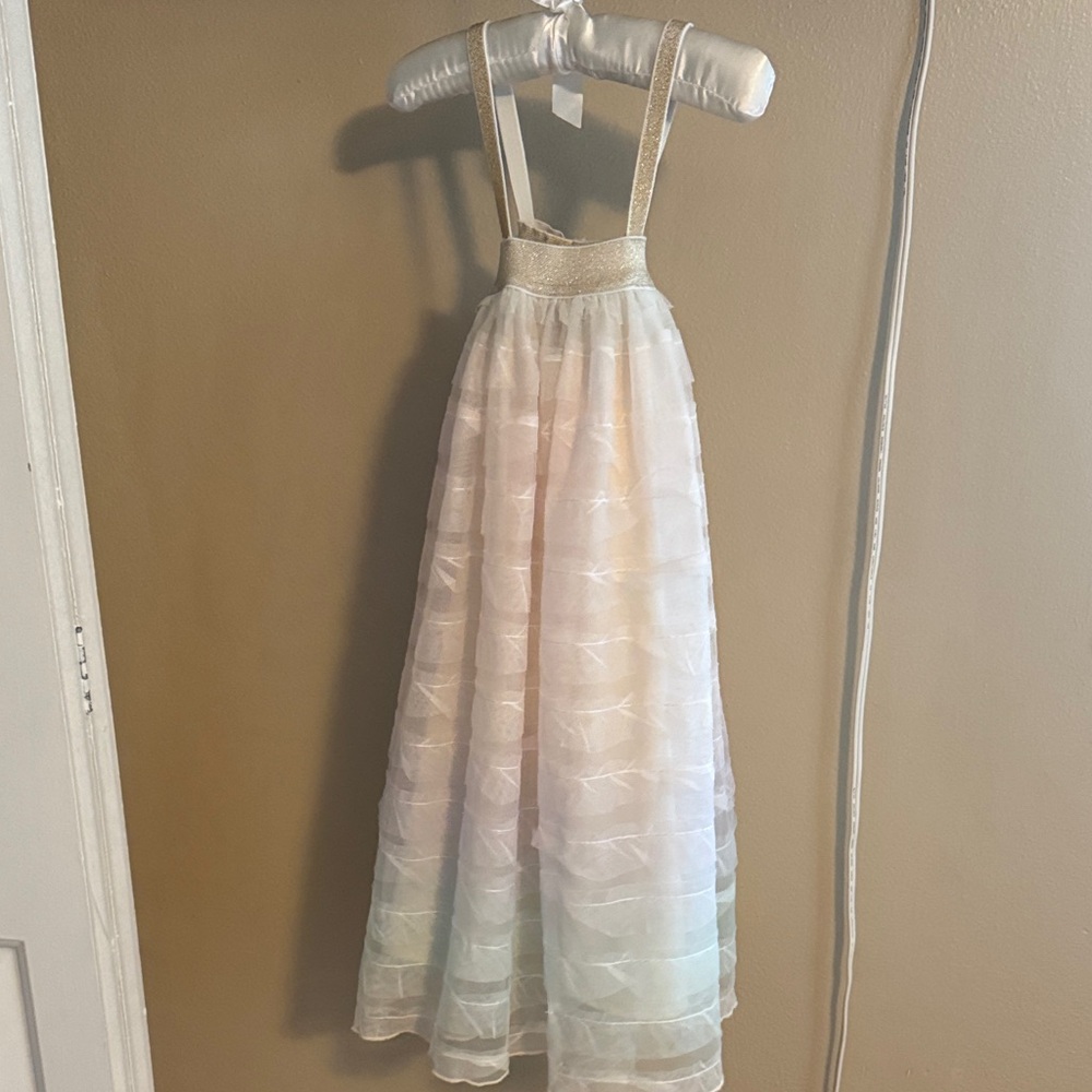 Ele Story Girls' Pastel Ombre Rainbow Tulle Party Dress with Gold Trim